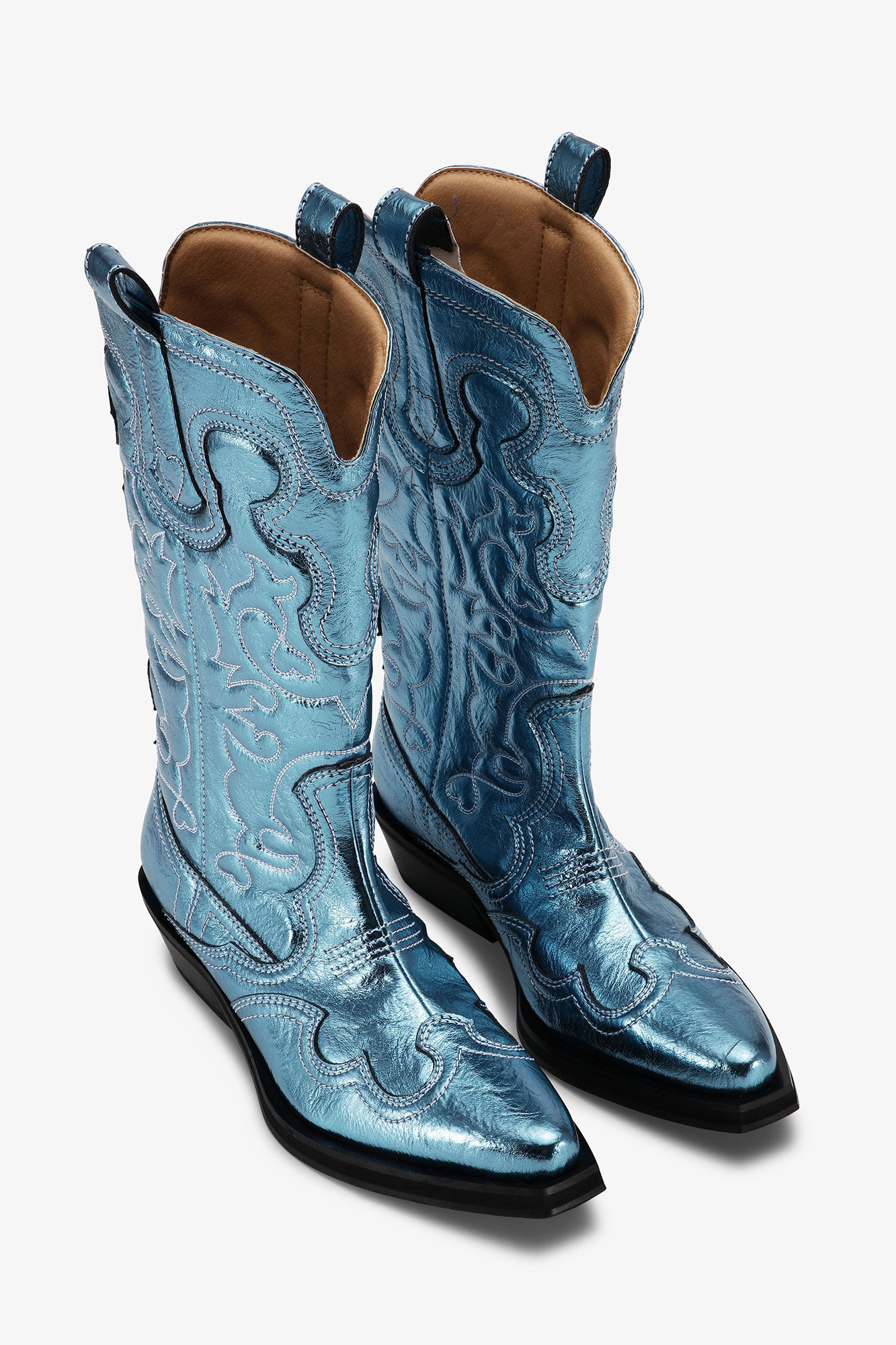 Blue Metallic Mid Shaft Embroidered Western Boots, Polyurethane, in colour Blue Curacao - 2 - GANNI
