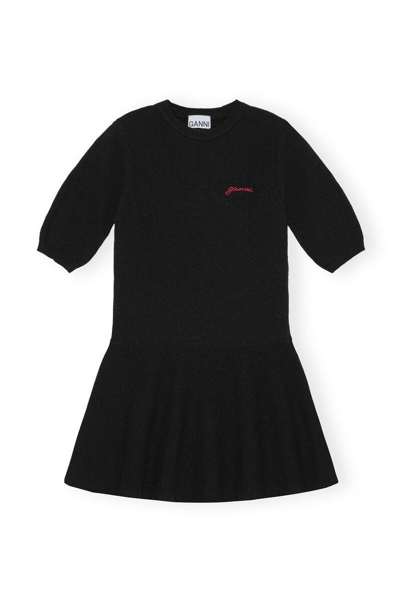Black Logo Wool Mix Mini Dress, Recycled Polyamide, in colour Black - 1 - GANNI