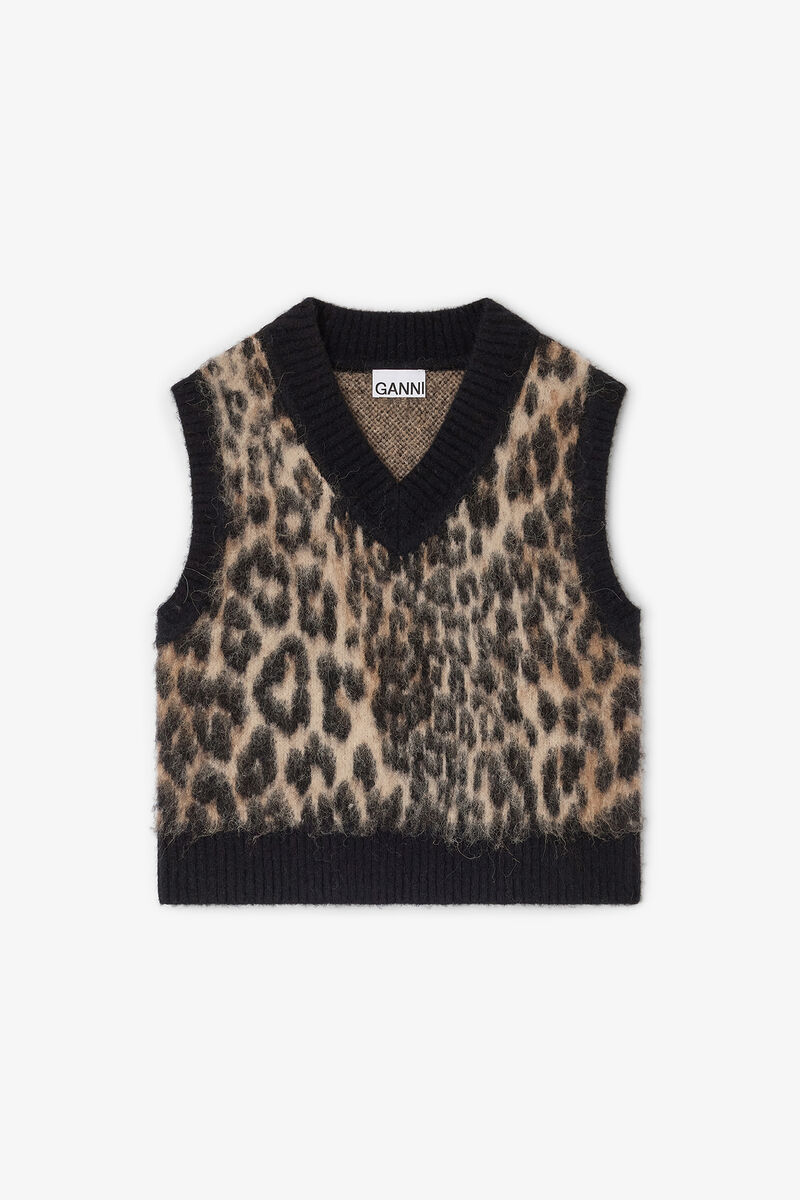 Weste mit Leopardenmuster und V-Ausschnitt, Alpaca, in colour Leopard - 1 - GANNI