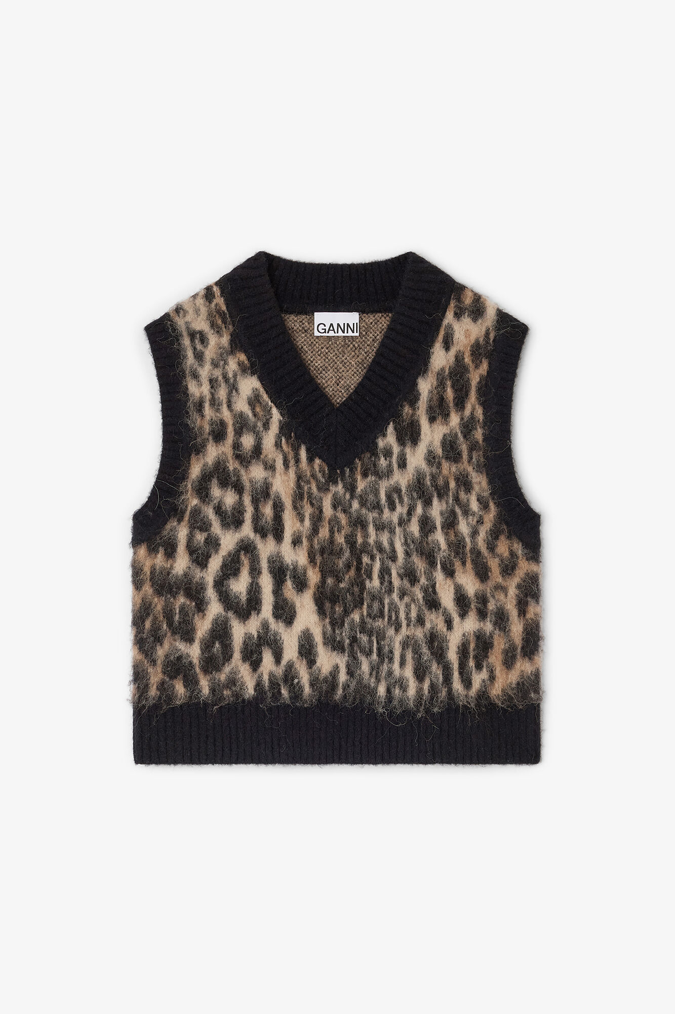 Weste mit Leopardenmuster und V-Ausschnitt, Alpaca, in colour Leopard - 1 - GANNI