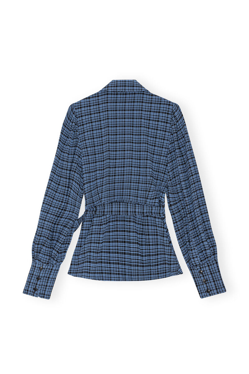 Seersucker Wrap Shirt, Elastane, in colour Mini Check Granada Sky - 2 - GANNI
