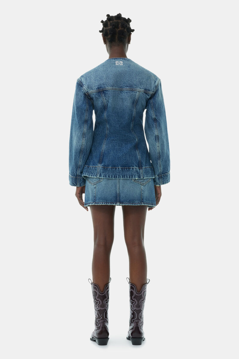 Sparkle Logo Denim Fitted Blazer, Cotton, in colour Tint Wash - 4 - GANNI