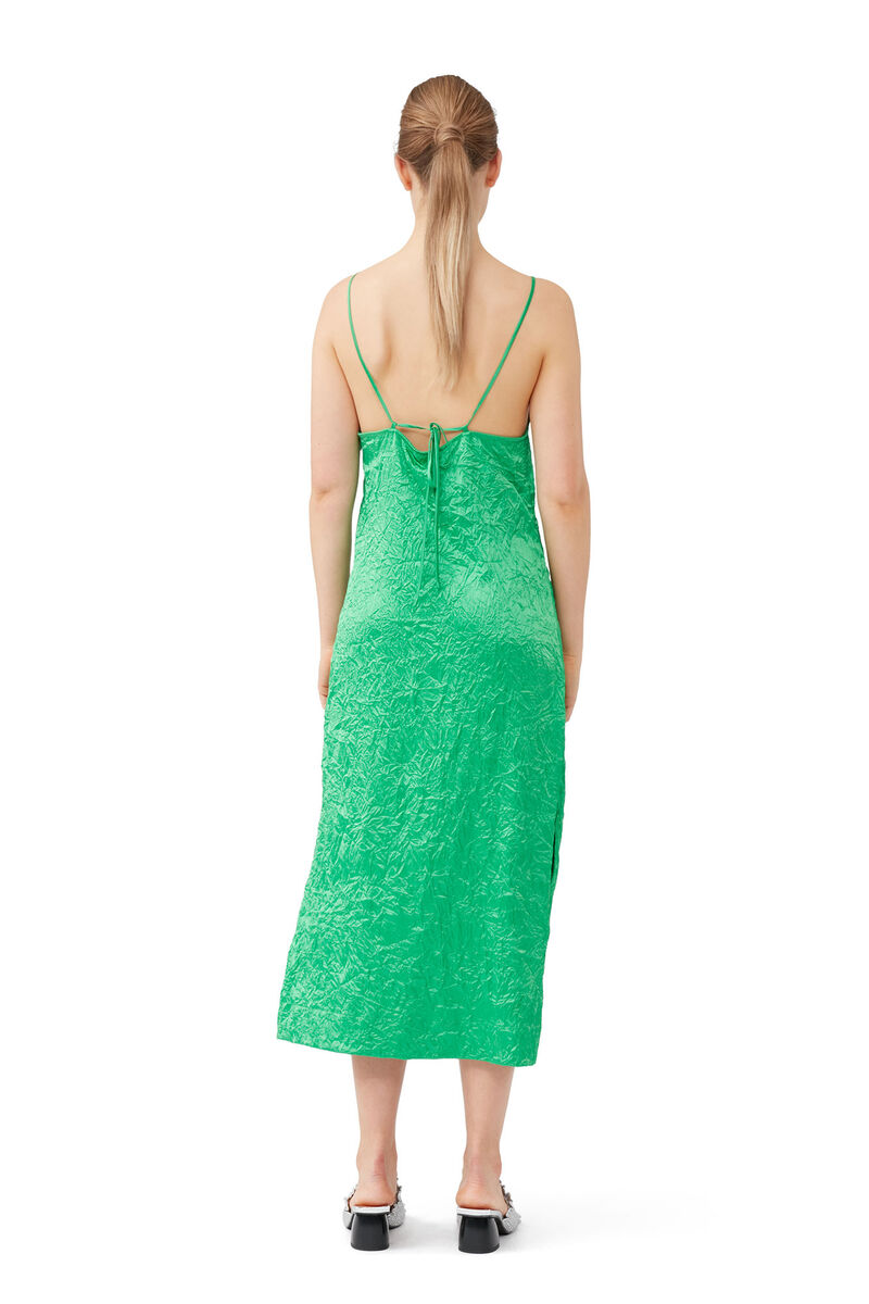 Green Crinkled Satin Slip Dress, Elastane, in colour Bright Green - 2 - GANNI