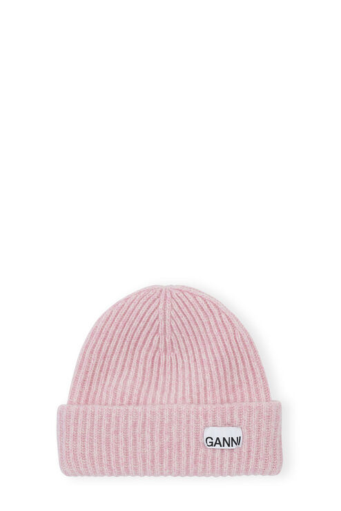 Ganni Light Pink Fitted Rib Knit Wool Beanie In Lilac Sachet