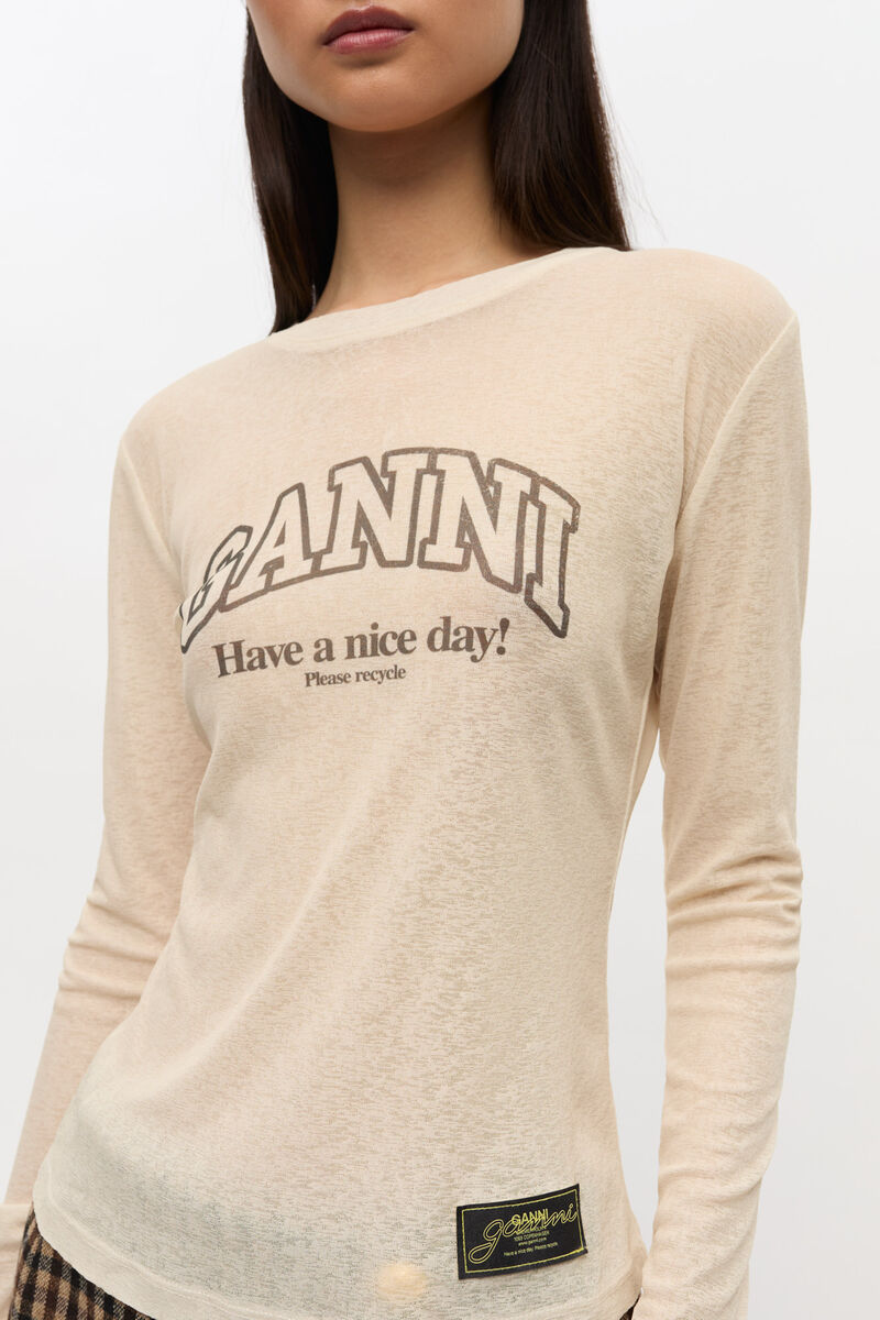 Printed Marl Mesh Long Sleeve Top, Recycled Polyester, in colour Egret - 4 - GANNI