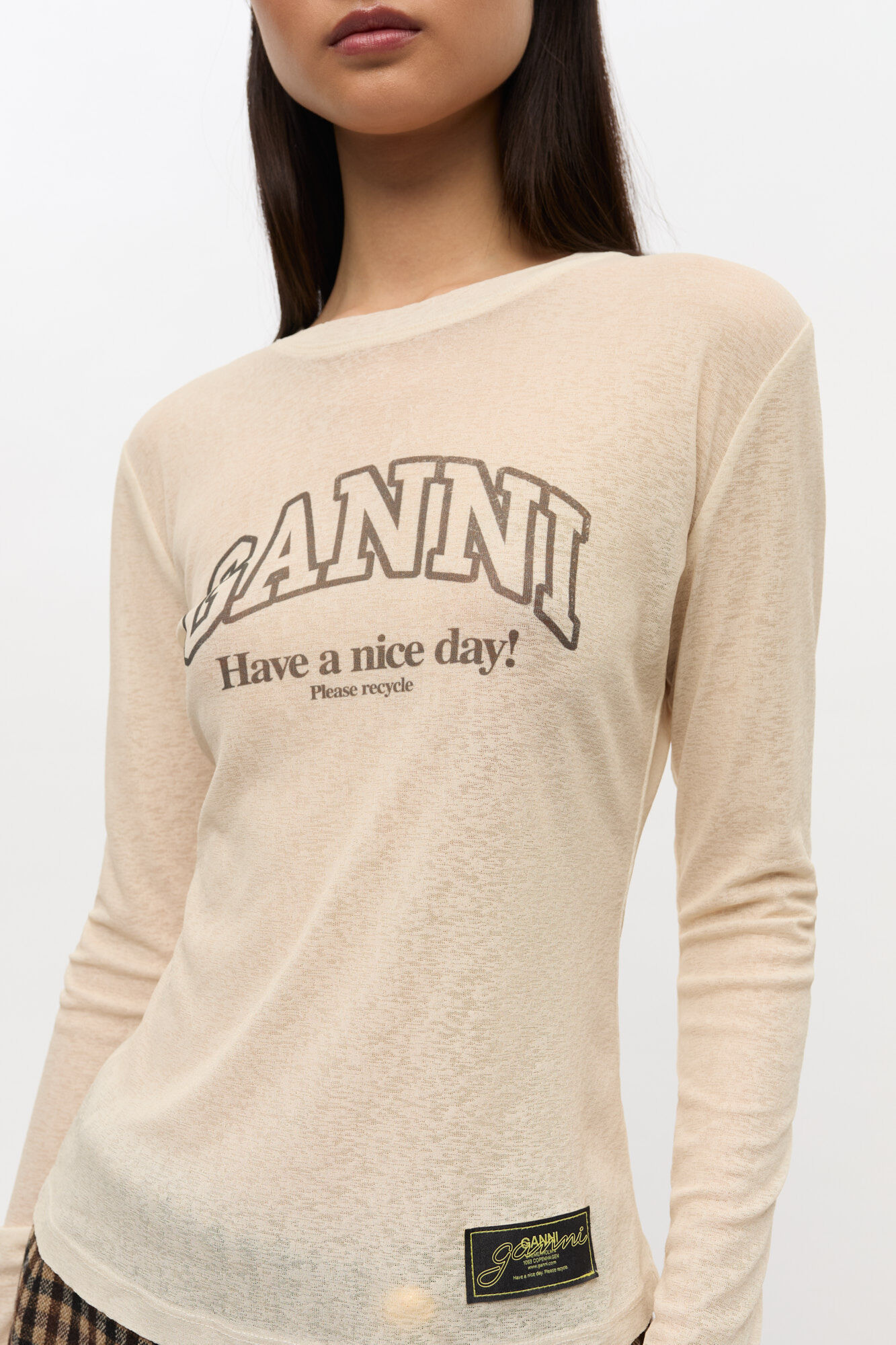 Printed Marl Mesh Long Sleeve Top, Recycled Polyester, in colour Egret - 4 - GANNI