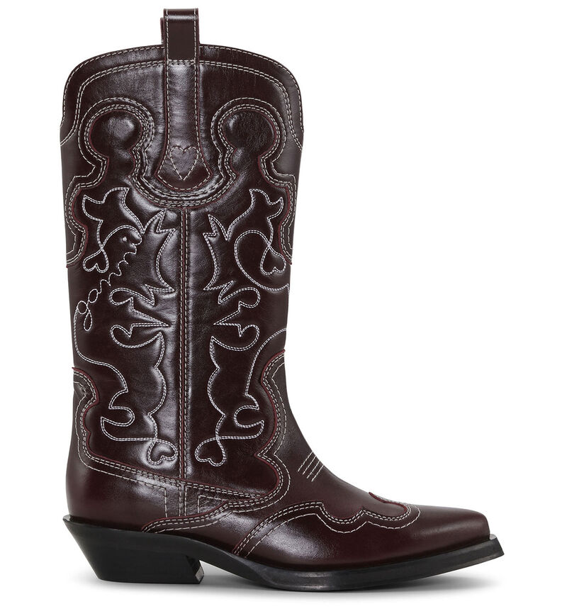 Burgundy Mid Shaft Embroidered Western Boots, Calf Leather, in colour Burgundy - 1 - GANNI