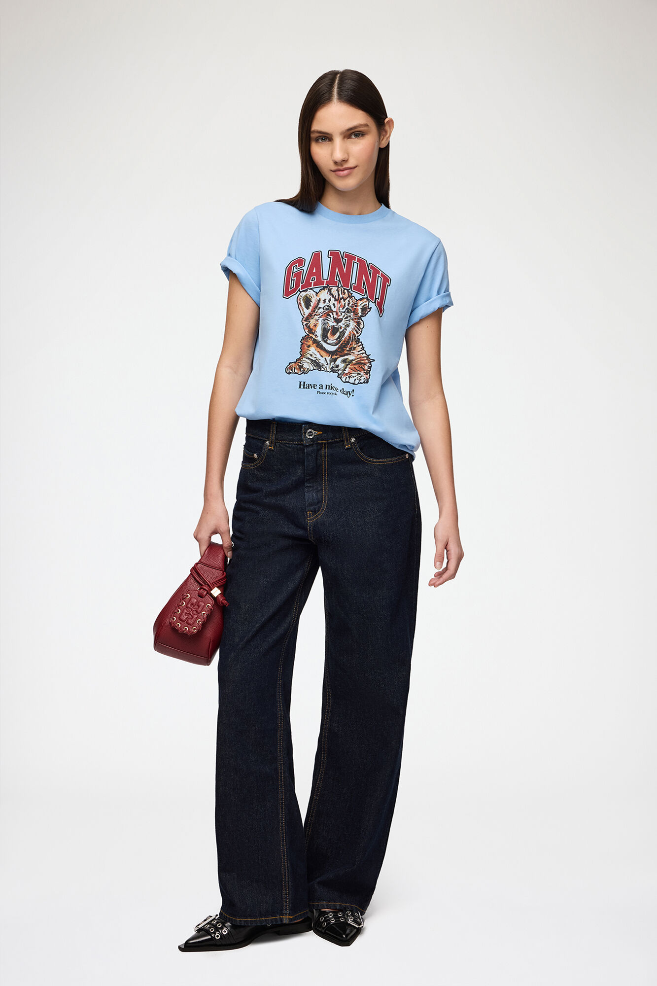 Bl&aring; basic jersey tiger avslappnad t-shirt, Organic Cotton, in colour Blissful Blue - 2 - GANNI