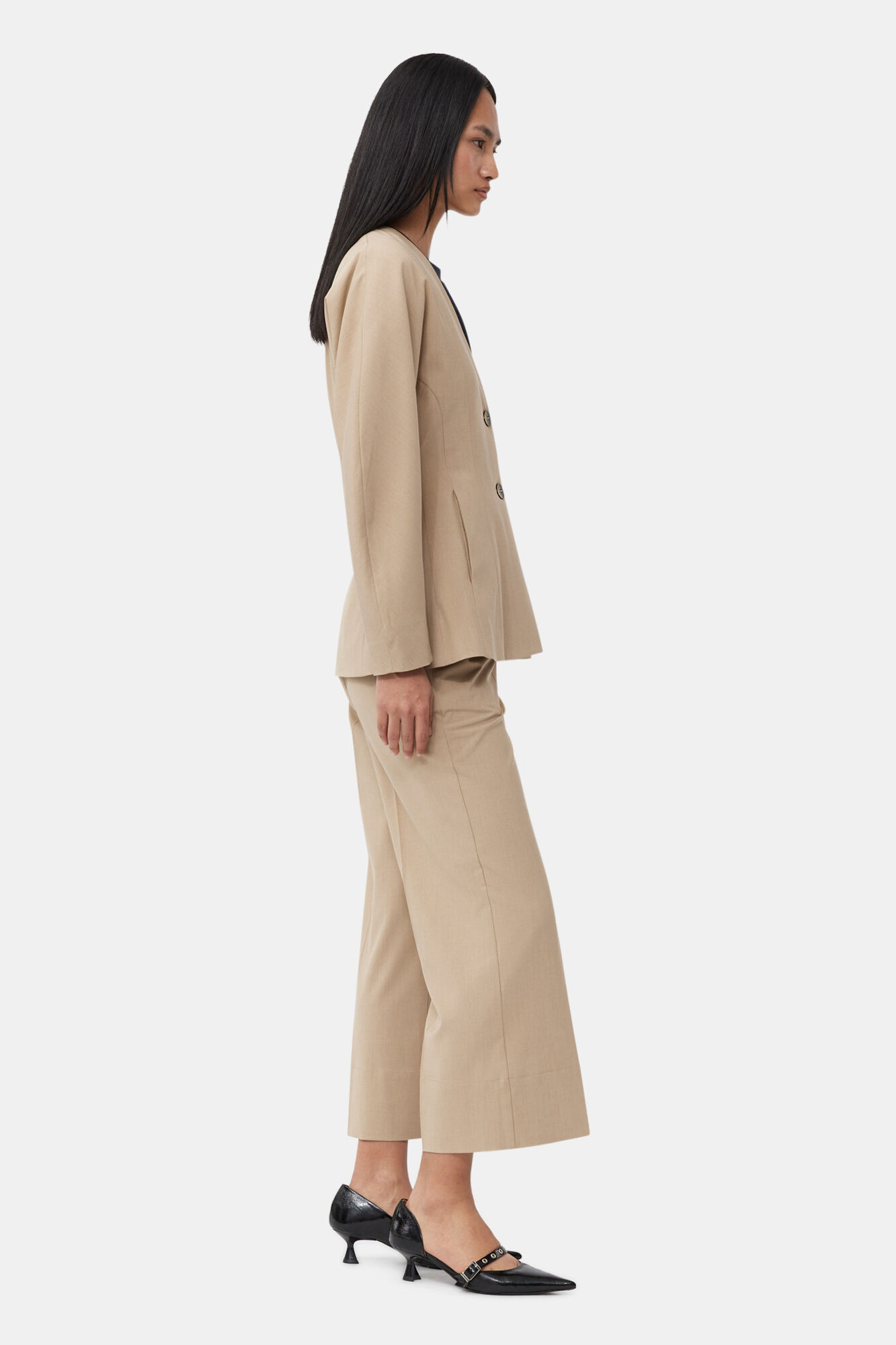 Beige Fitted Drapey Melange Blazer, Elastane, in colour Safari - 4 - GANNI