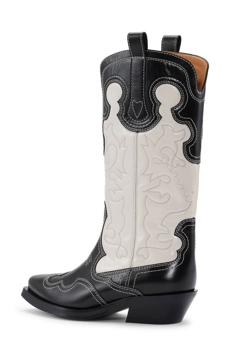 Mid Shaft Embroidered Western Boots, Calf Leather, in colour Black/Egret - 2 - GANNI