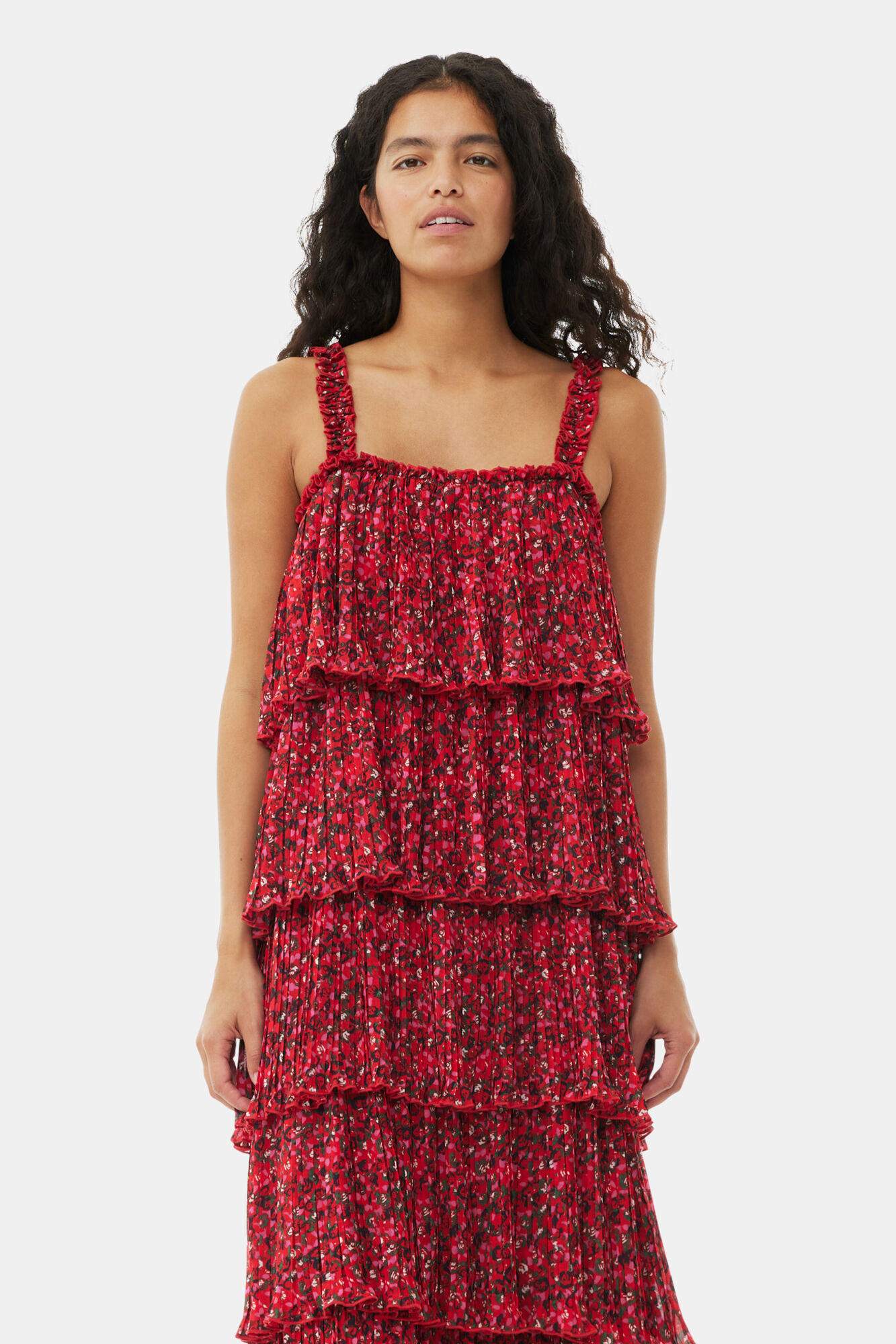 Red Pleated Georgette Flounce Strap Midi Dress, Recycled Polyester, in colour Racing Red - 2 - GANNI