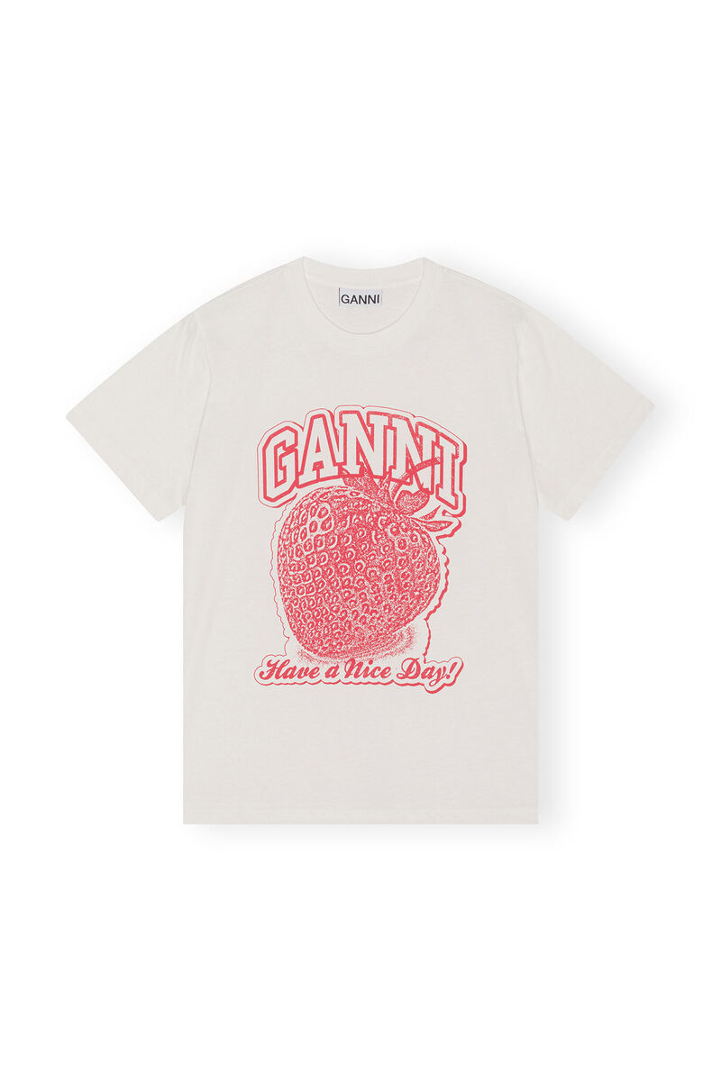 Strawberry Relaxed T-shirt, Cotton, in colour Egret - 1 - GANNI