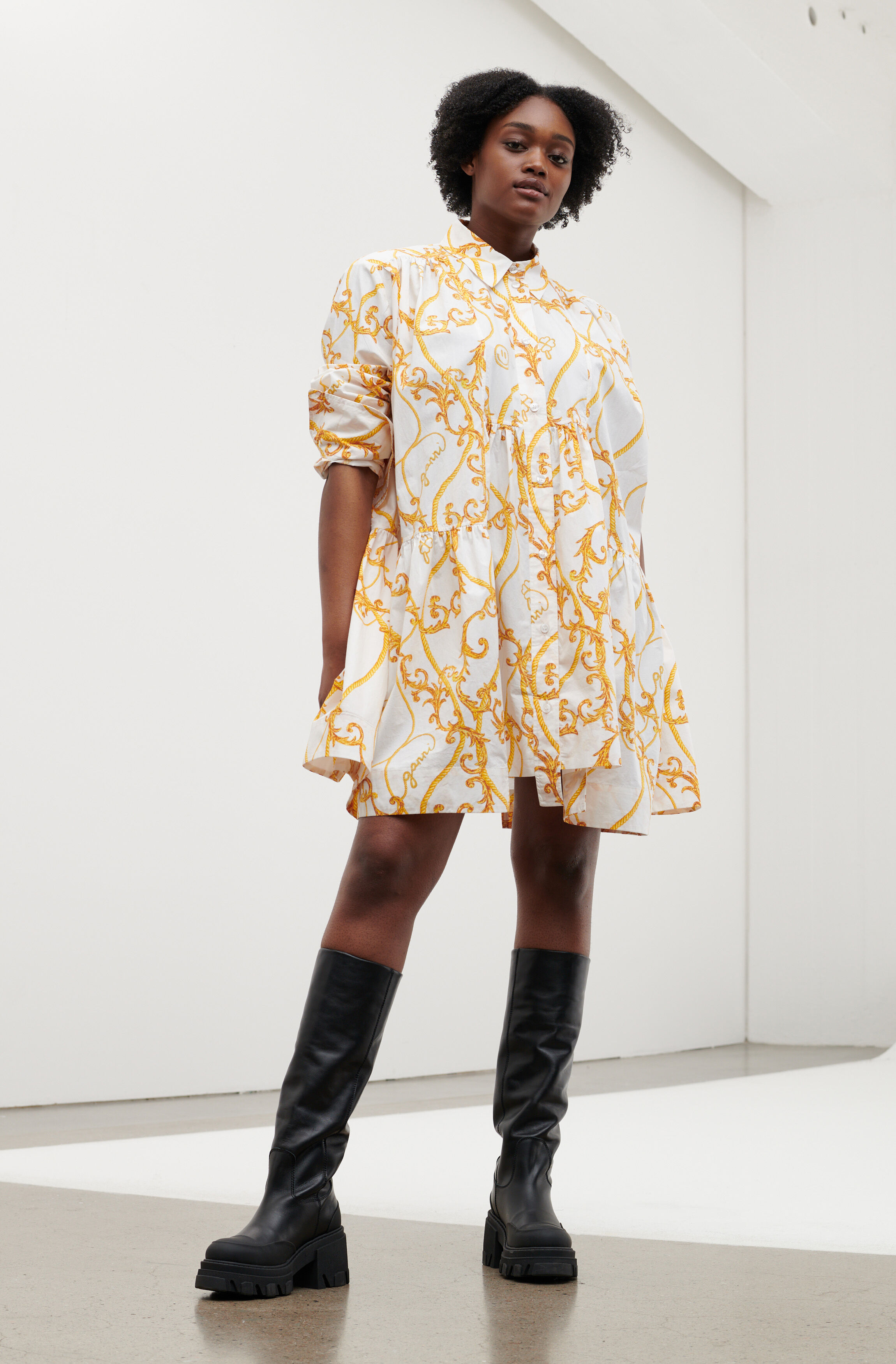 Egret Printed Cotton Poplin Gathered Panel Wide Mini Shirt Dress | GANNI DK