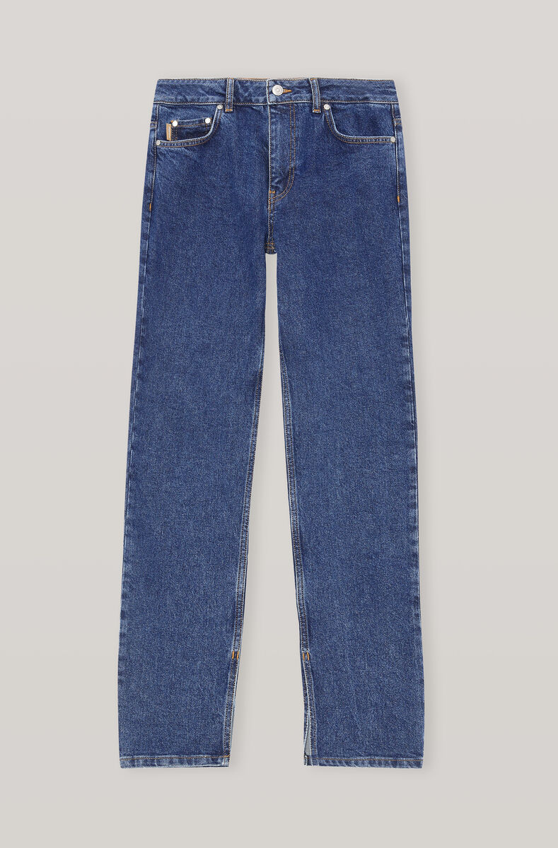 Mid-RIse Straight Stretch Jeans, Cotton, in colour Medium Indigo - 1 - GANNI