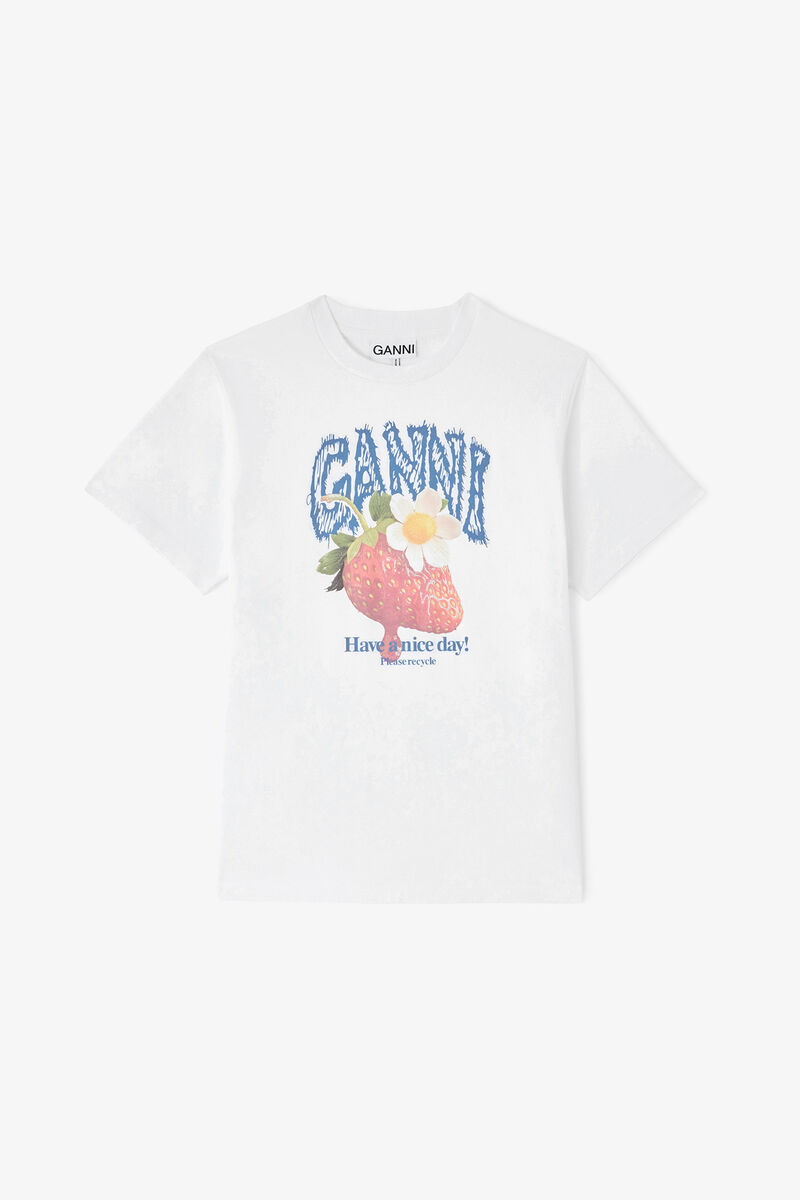 T-shirt med jordb&aelig;r, Organic Cotton, in colour Bright White - 1 - GANNI