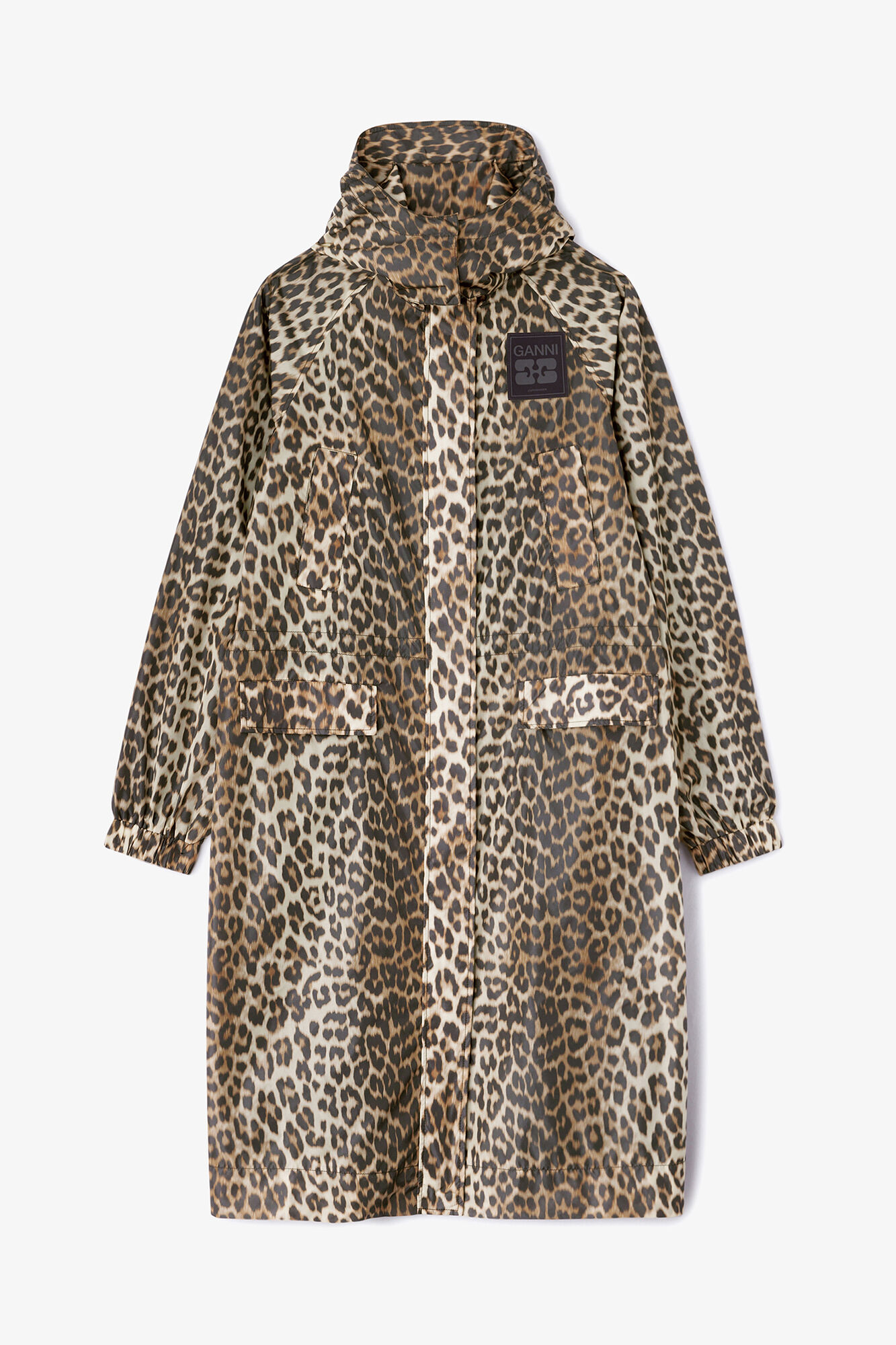 Leopard Nylon Parka Coat, Recycled Polyamide, in colour Almond Milk - 2 - GANNI