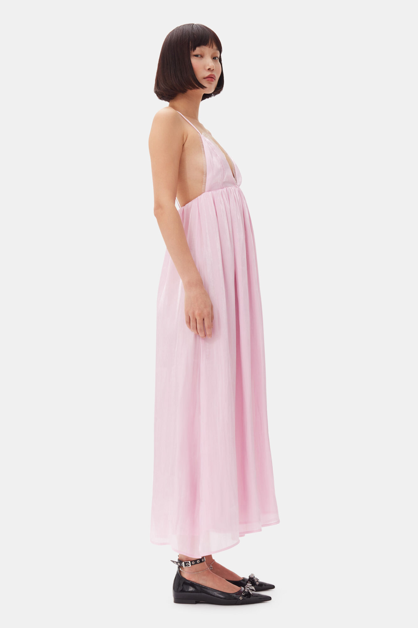 Pink Satin Strap Dress, Recycled Polyester, in colour Chalk Pink - 3 - GANNI