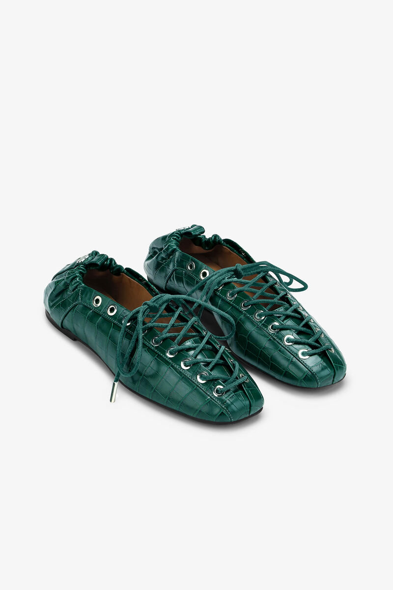 Lace-Up Ballerinas in Green Croco, Recycled Leather, in colour Pineneedle - 2 - GANNI