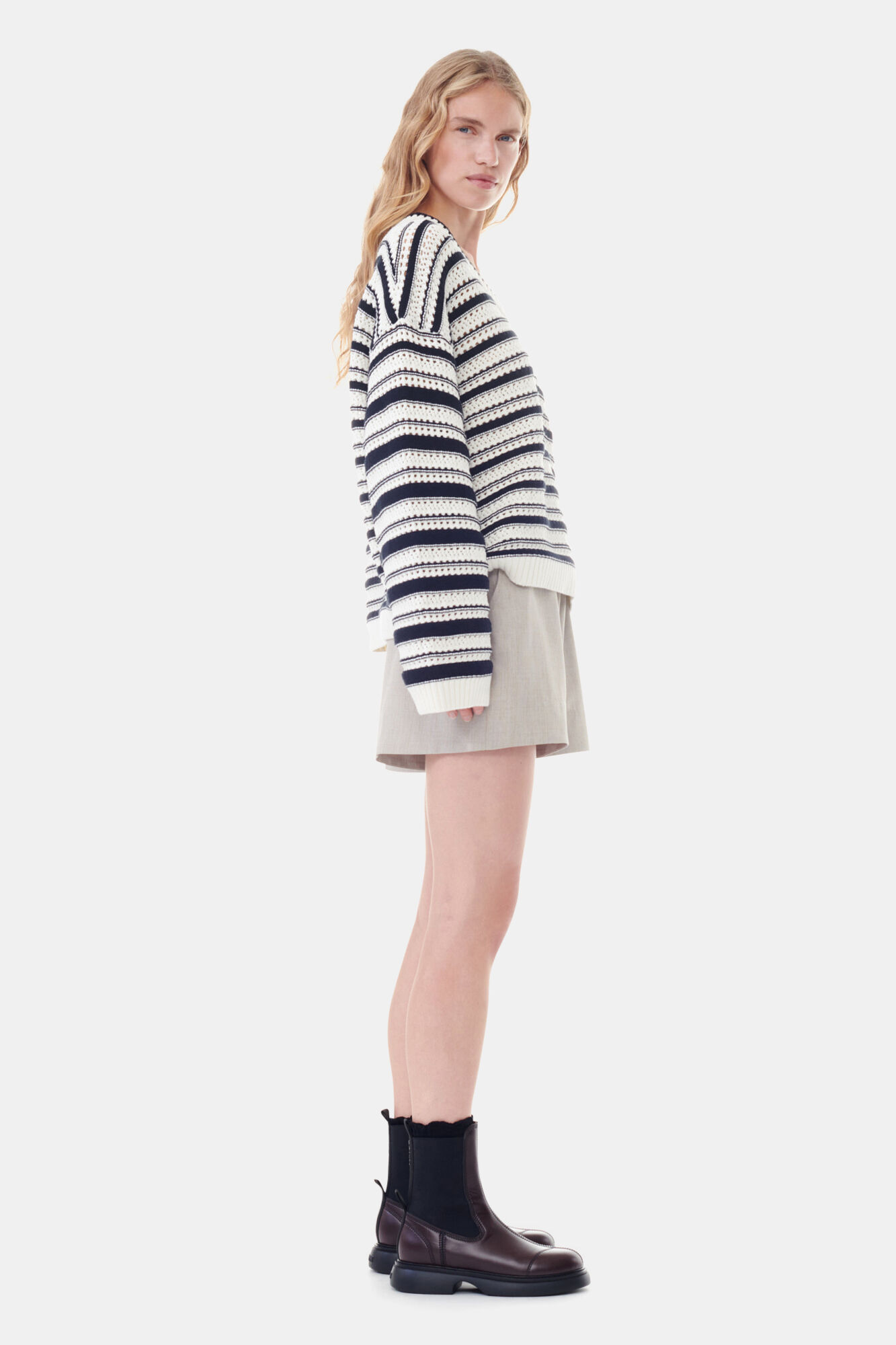 Striped V-neck Jumper, Cotton, in colour Multicolour - 3 - GANNI
