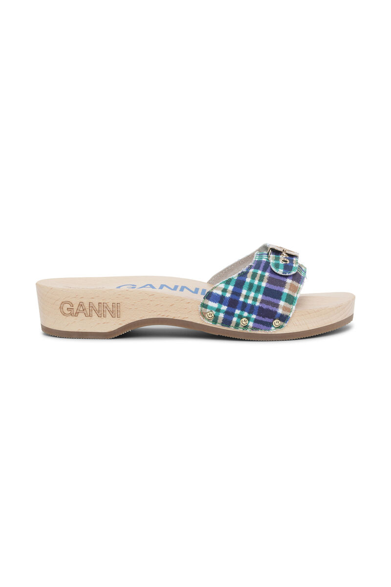 GANNI x Scholl Sandalen, Recycled Cotton, in colour Check Blue Iris - 1 - GANNI