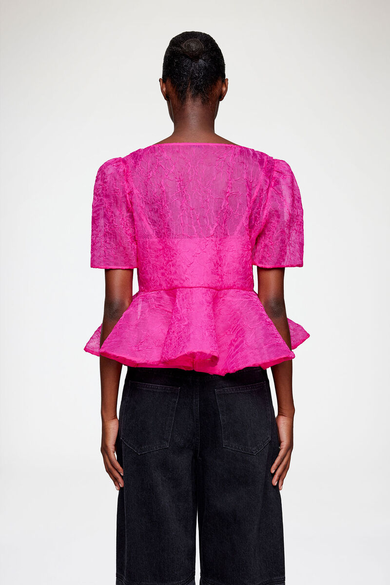 Peplum Blouse in Shibori Organza, Recycled Polyester, in colour Raspberry Rose - 3 - GANNI