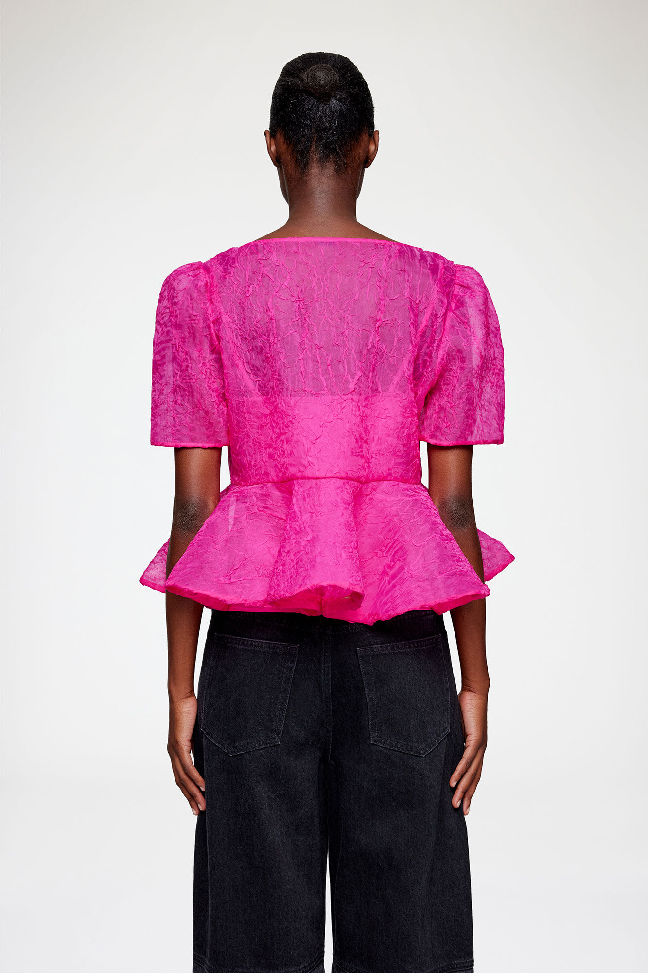 Peplum Blouse in Shibori Organza, Recycled Polyester, in colour Raspberry Rose - 3 - GANNI