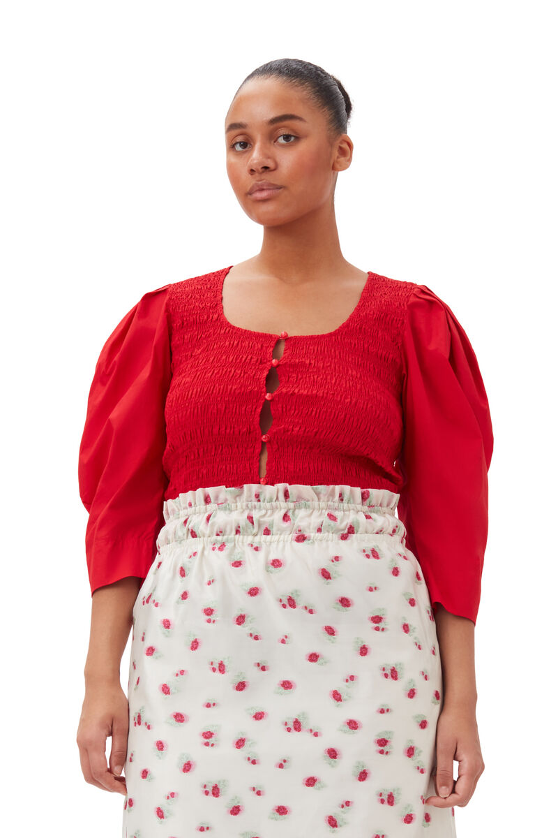 Red Cotton Poplin Smock Bluse, Cotton, in colour Racing Red - 5 - GANNI