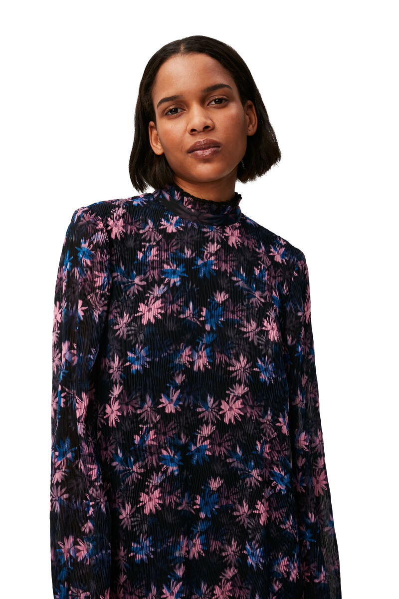 Pleated Georgette Midi Dress, Recycled Polyester, in colour Daisy Spray Lilac Sachet - 3 - GANNI