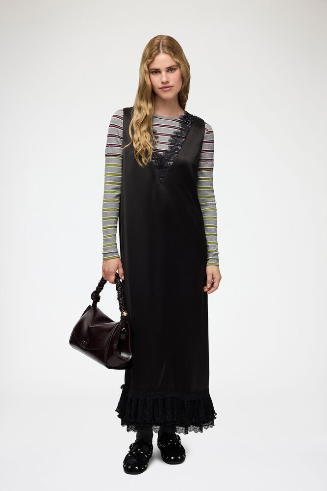 Long Dress in Lace Satin, Black