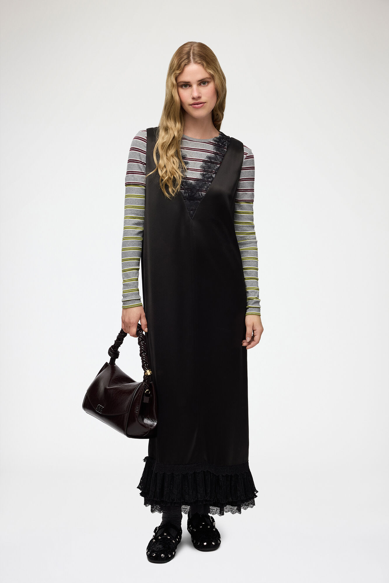 Long Dress in Lace Satin, Acetate, in colour Black - 1 - GANNI