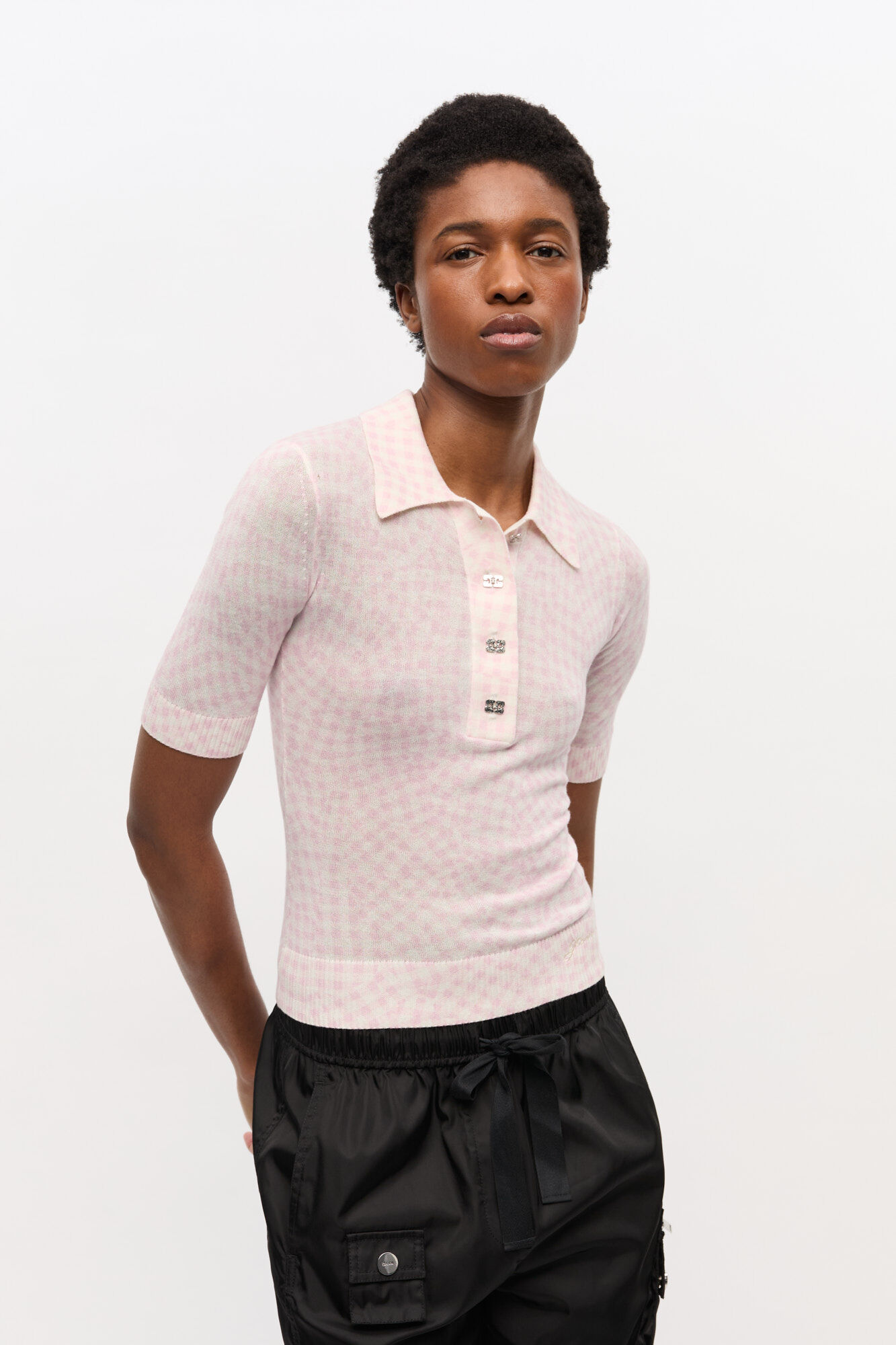 Pink Sheer Cotton Printed Polo Shirt, Elastane, in colour Bleached Mauve - 1 - GANNI