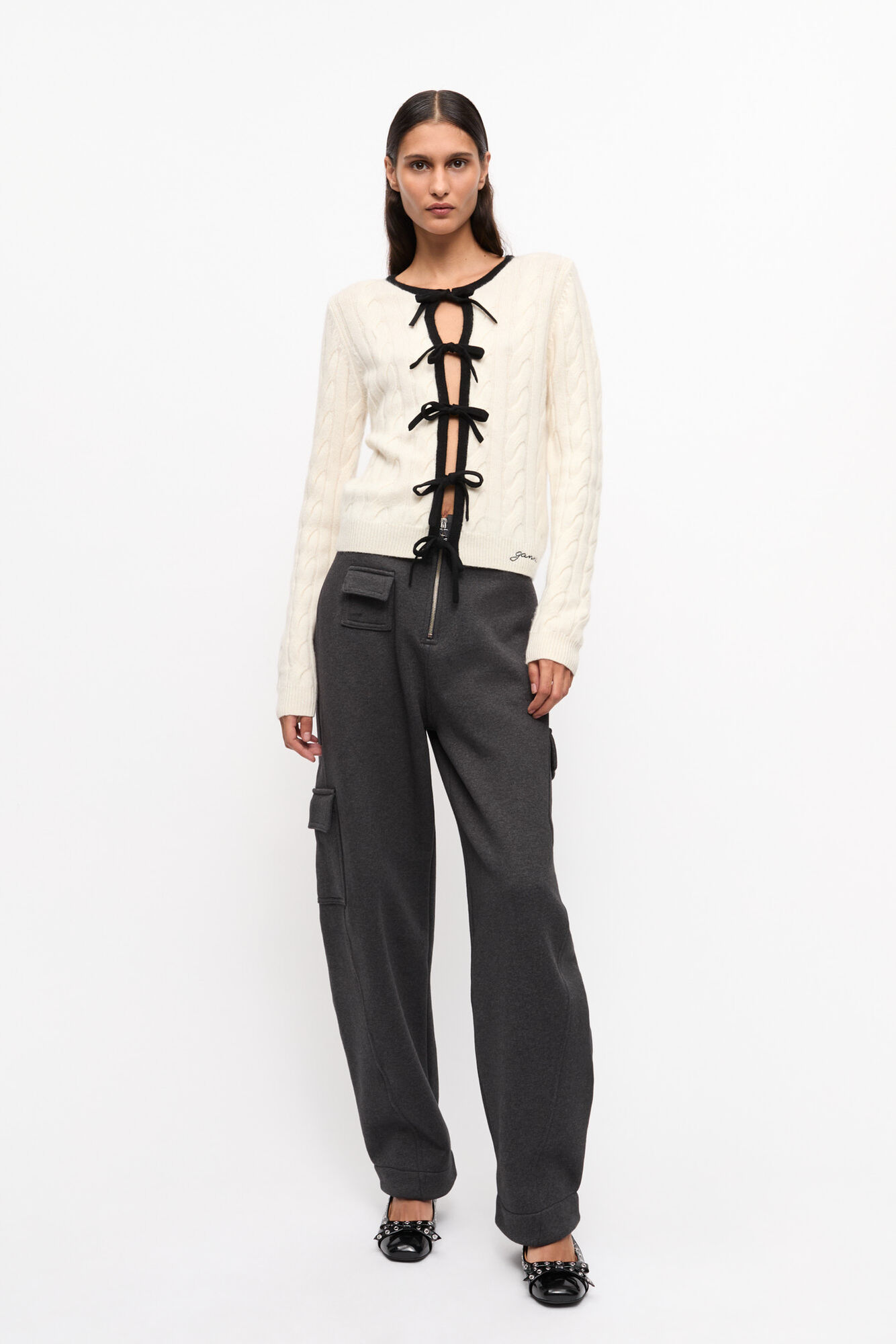 Ivory Cashmere Mix Tie String Cardigan, Cashmere, in colour Egret - 3 - GANNI