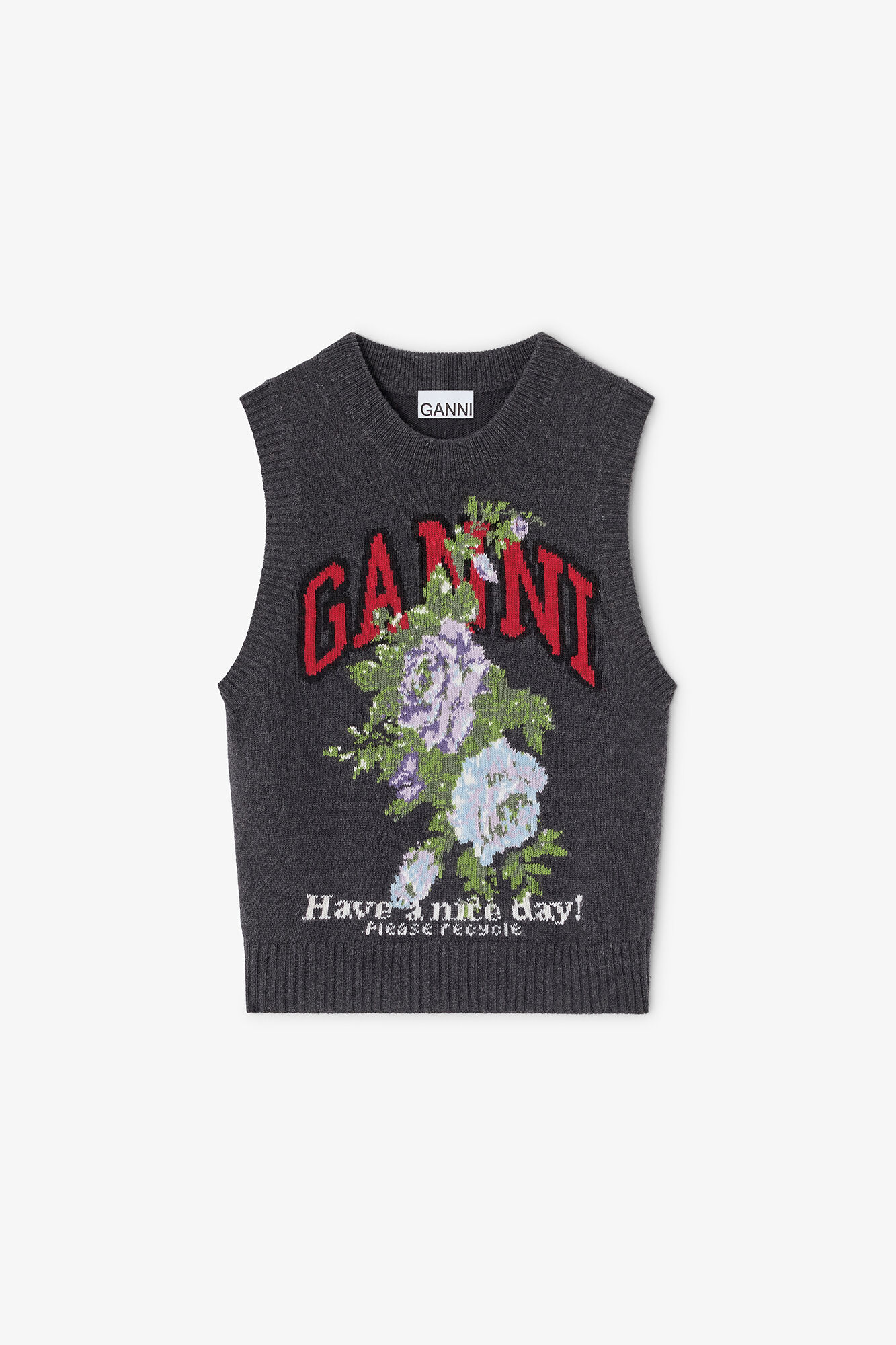 Dark Grey Rose Wool Vest, Wool, in colour Phantom - 1 - GANNI