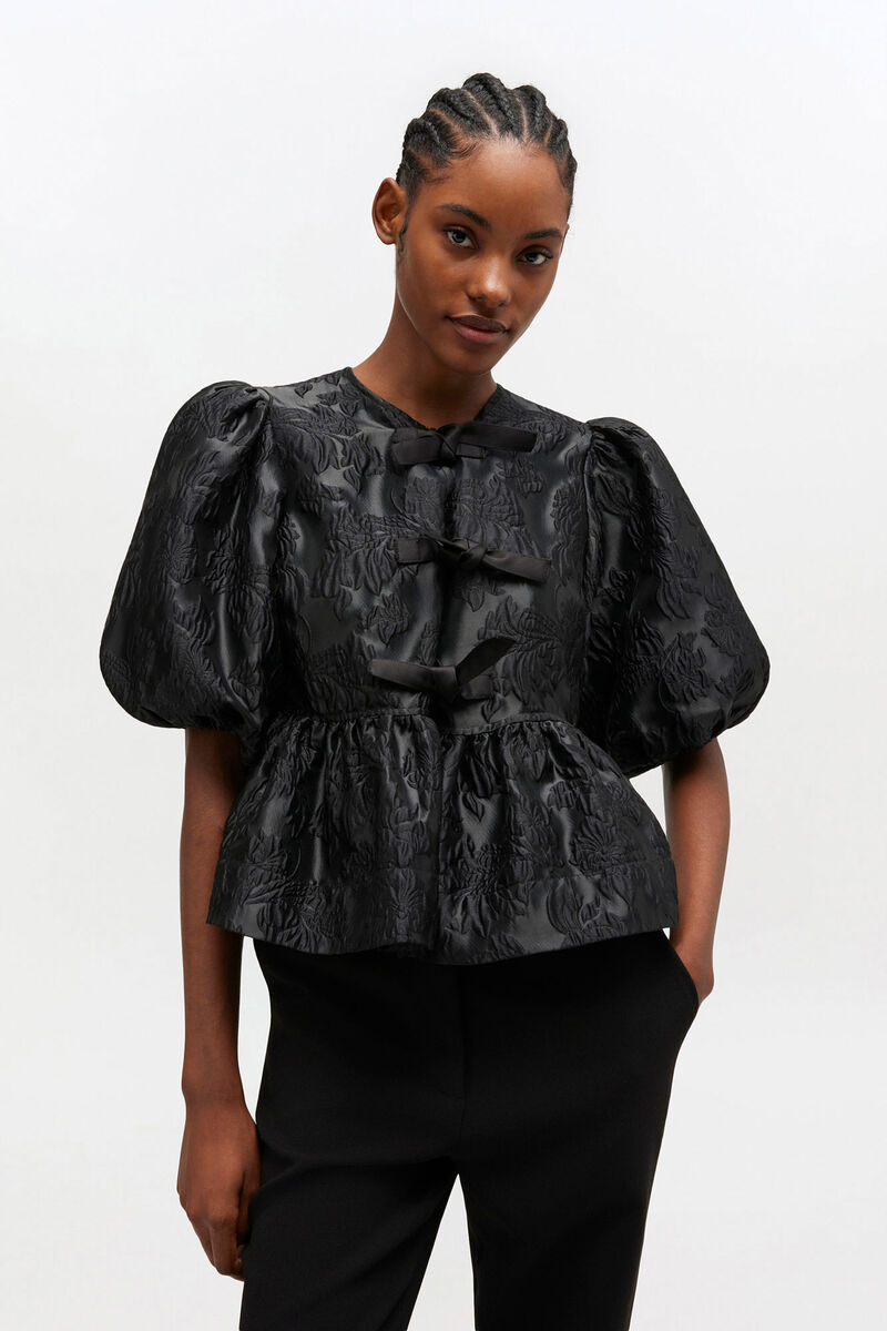 Satin Peplum Tie Blouse, Recycled Polyester, in colour Black - 1 - GANNI