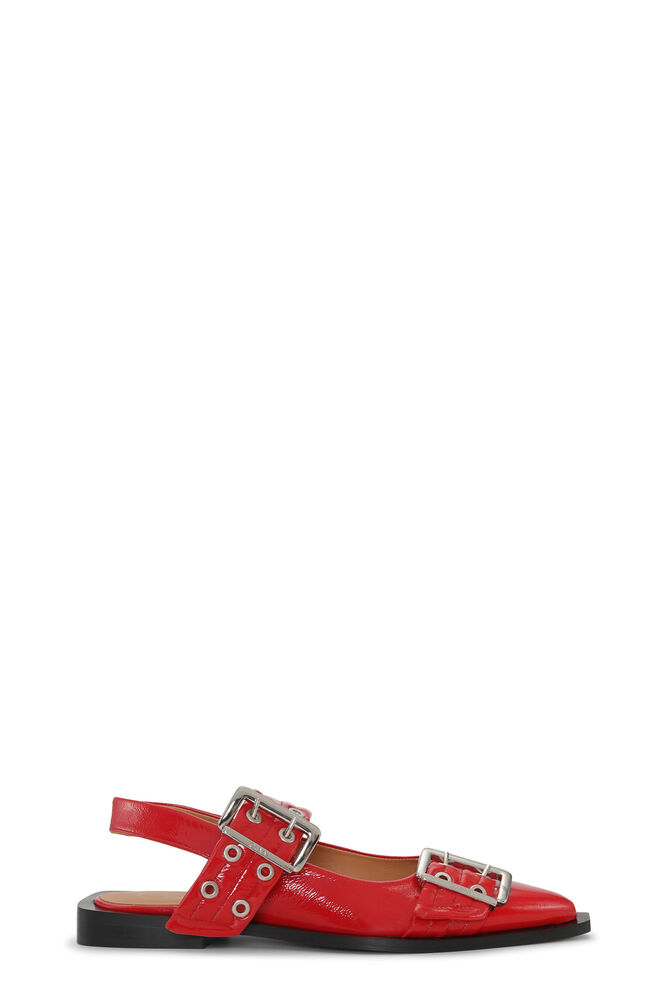 Red Wide Welt Buckle Ballerinas, Racing Red