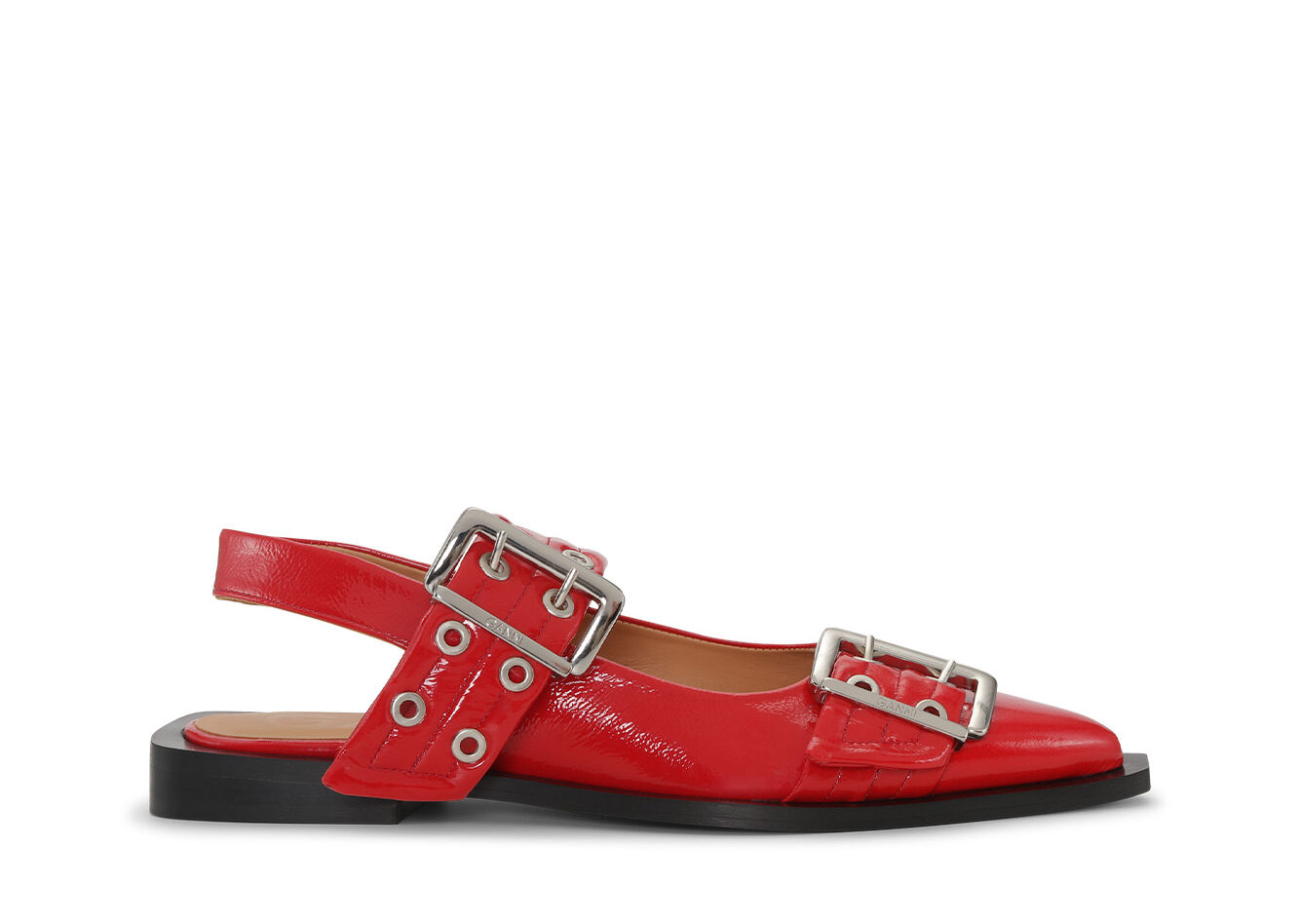 Red Wide Welt Buckle Ballerinas, Calf Leather, in colour Racing Red - 1 - GANNI