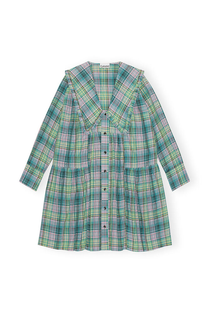 Seersucker Check Wide Shirt Dress, Lagoon