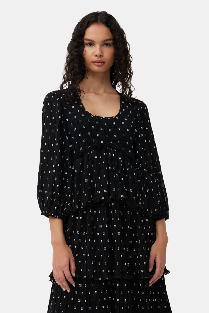 Black Pleated Georgette Flounce Smock Midi Dress, Recycled Polyester, in colour Black - 4 - GANNI