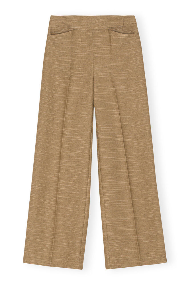 Brown Slub Linen Mid Waist Pants, Petrified Oak