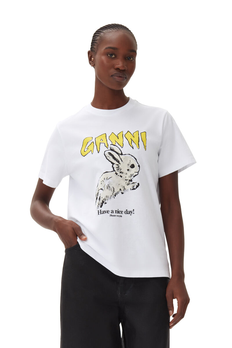Relaxed Bunny T-shirt, Cotton, in colour Bright White - 1 - GANNI