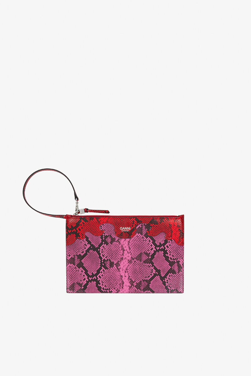 Pochette plate en serpent rose Bou, Recycled Polyester, in colour Raspberry Rose - 1 - GANNI