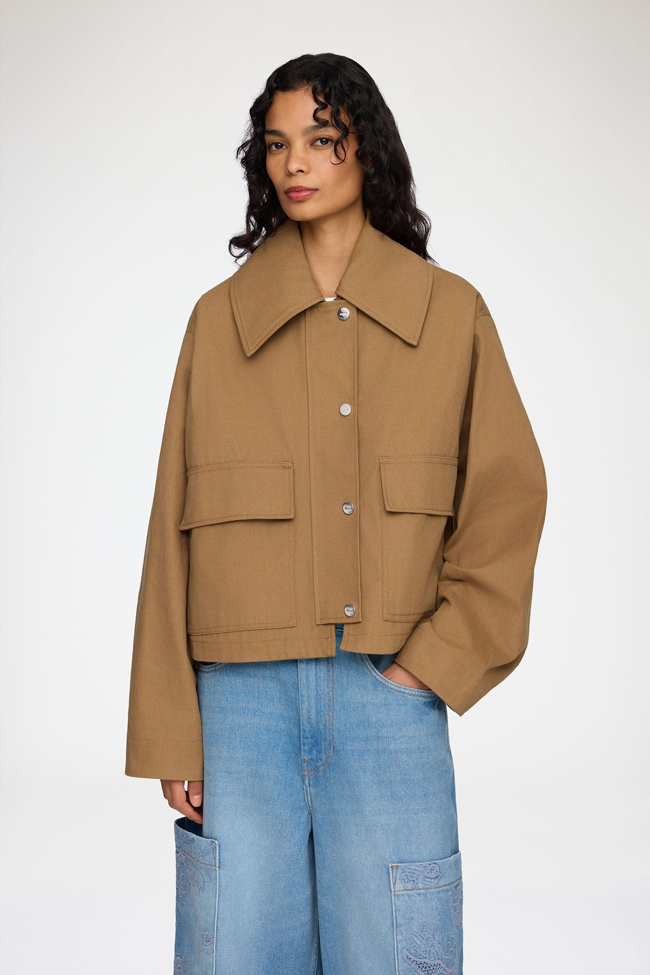 Jacket in Brown Canvas, Organic Cotton, in colour Ermine - 1 - GANNI