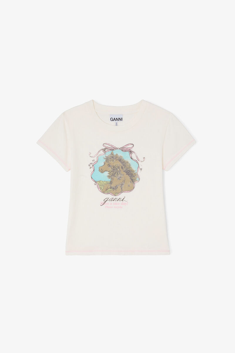 Baby Fit T-shirt with Horses, Organic Cotton, in colour Egret - 1 - GANNI