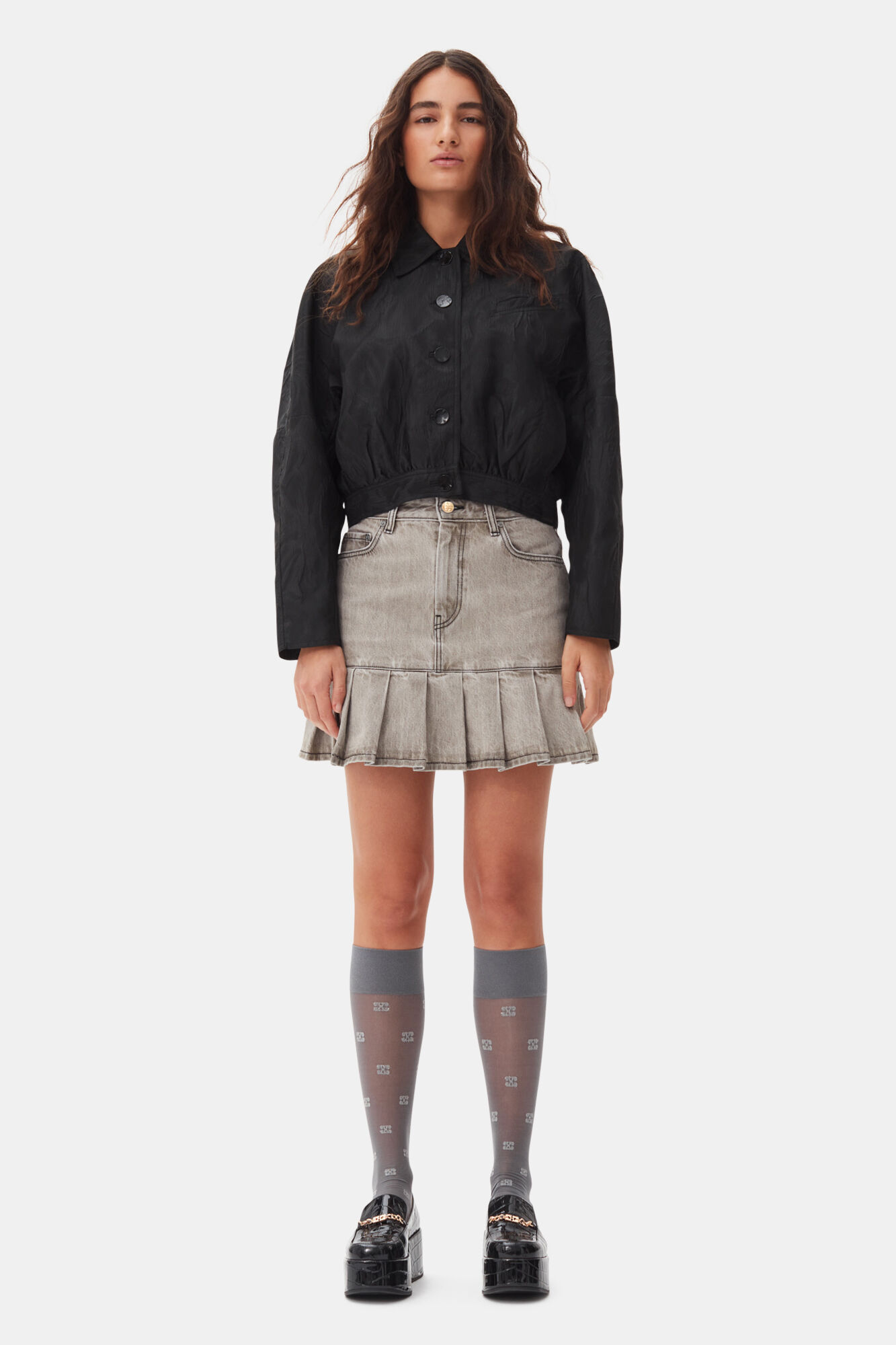 Black Textured Cloque Short Jacket, Nylon, in colour Black - 2 - GANNI