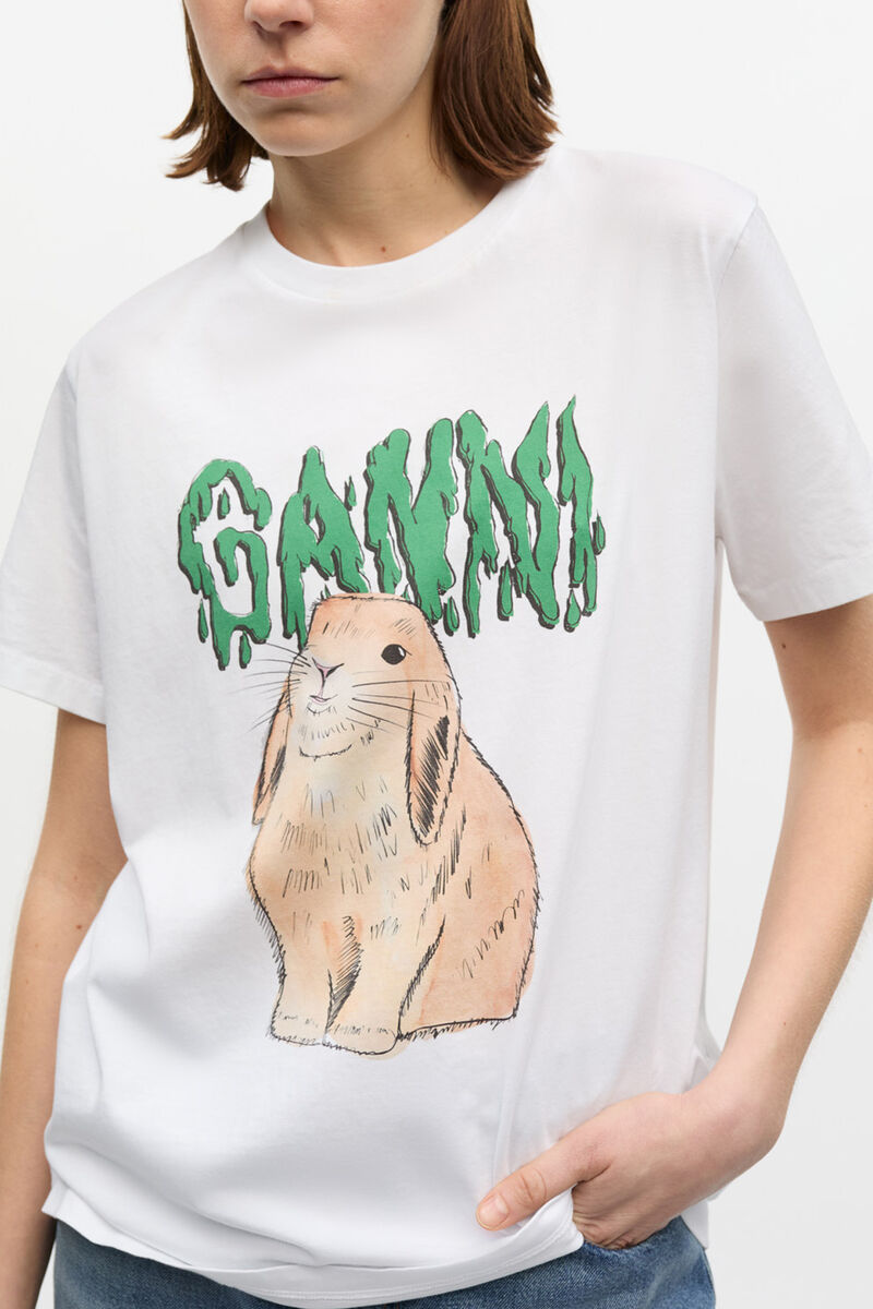 White Graphic Bunny Jersey T-shirt, Cotton, in colour Bright White - 7 - GANNI