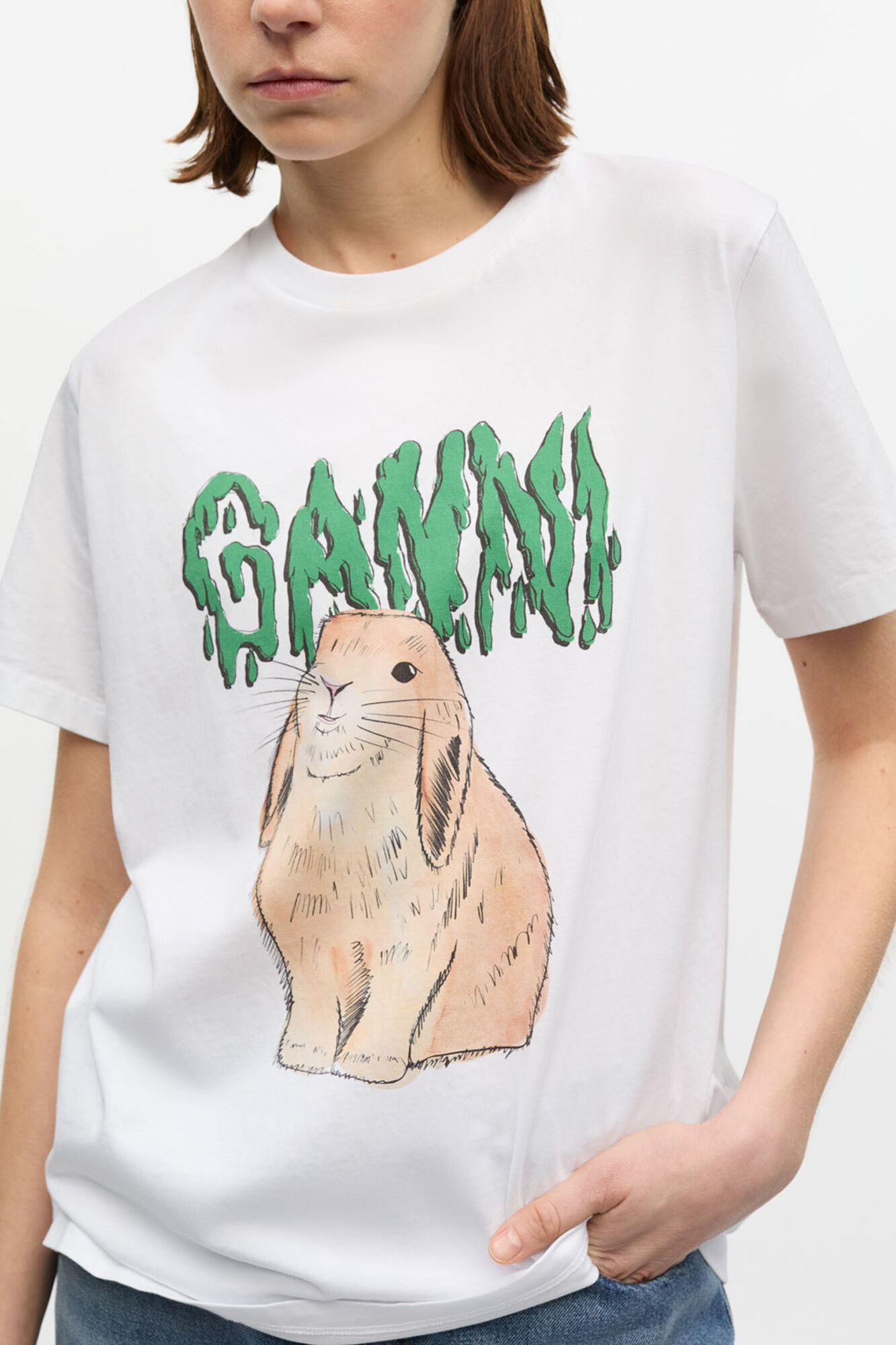 White Graphic Bunny Jersey T-shirt, Cotton, in colour Bright White - 7 - GANNI