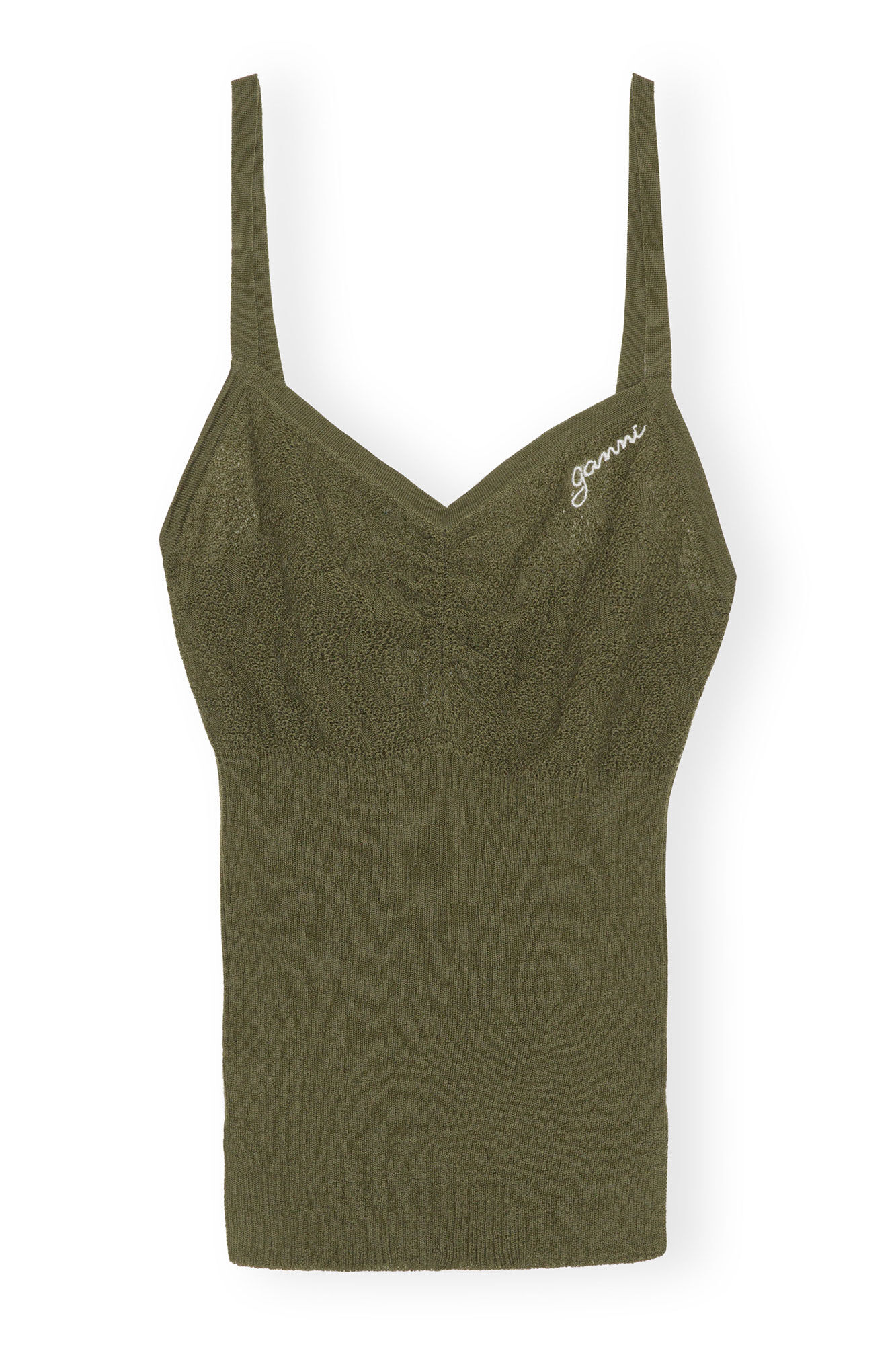Merino Lace Strap Top, Merino Wool, in colour Dusty Olive - 1 - GANNI