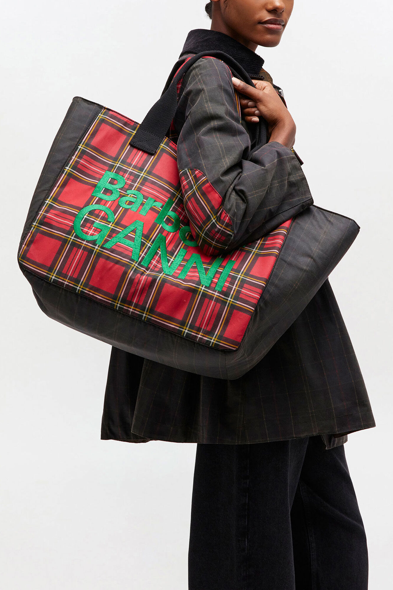 レッドのタータン トート, Cotton, in colour Dark Green - 1 - GANNI