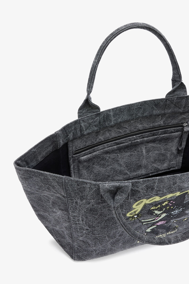 Mellemstor tote-taske i sort, Recycled Cotton, in colour Black Oyster - 3 - GANNI