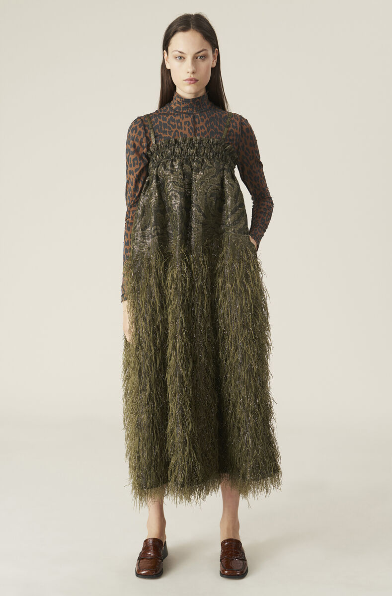 Feathery Cotton Strap Dress, Polyester, in colour Kalamata - 1 - GANNI